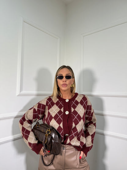 Cardigan lana cotta rombi Plaza bordeaux 258660