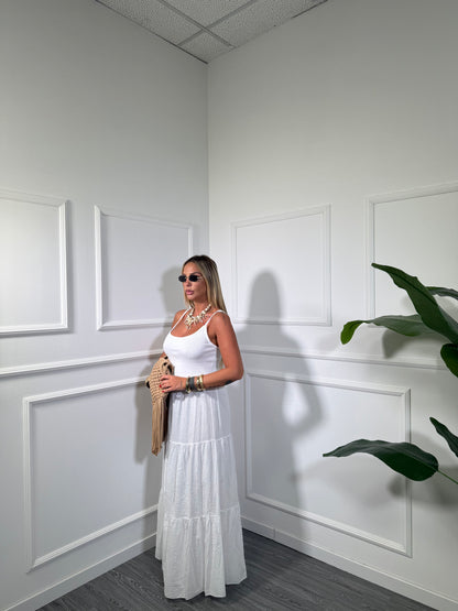 Abito midi in cotone con top a costine bianco 26705
