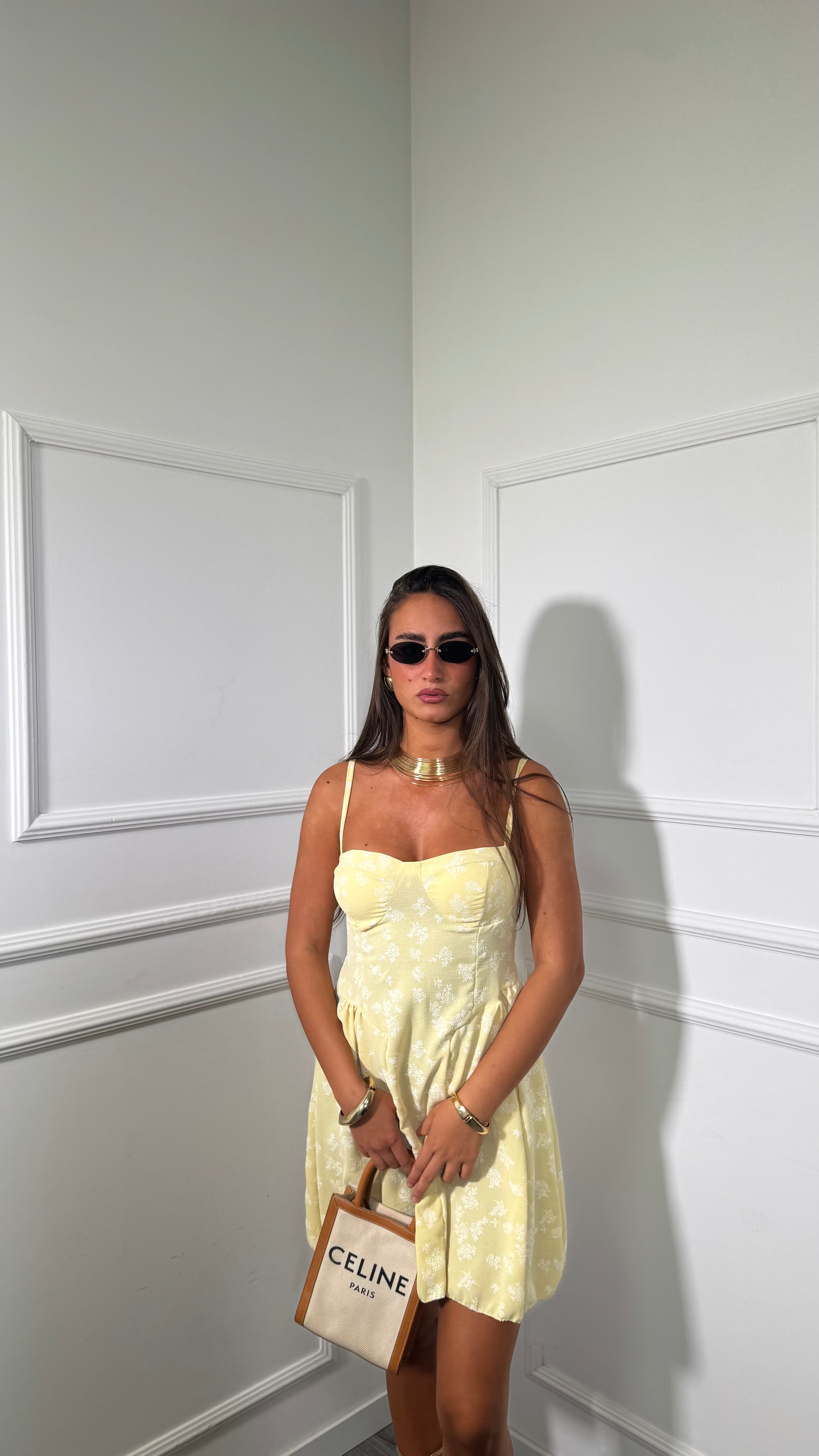Abito corto con fiorellini Lavinia fondo giallo