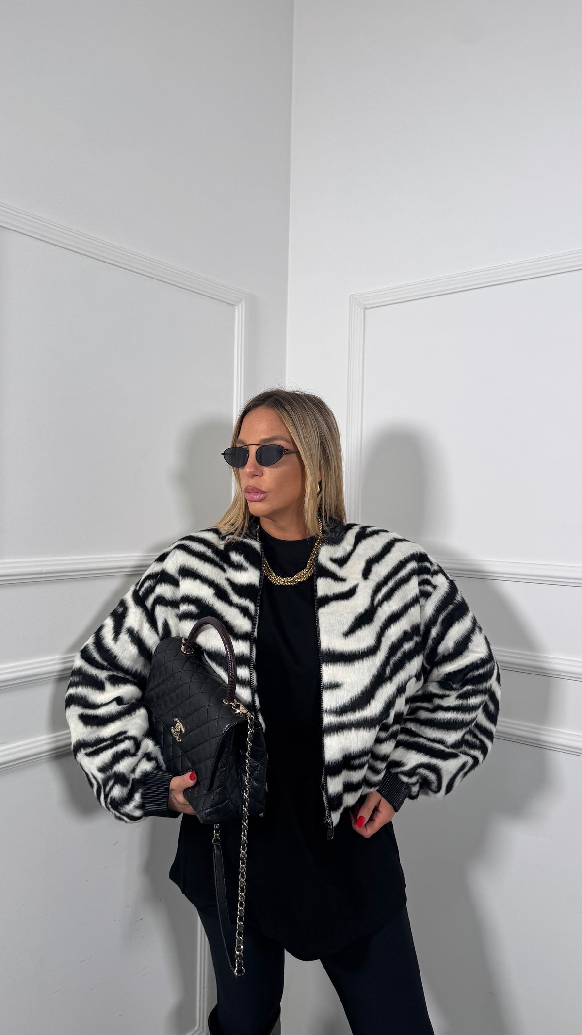 Bomber in lana cotta zebrato by lumina bianco/nero