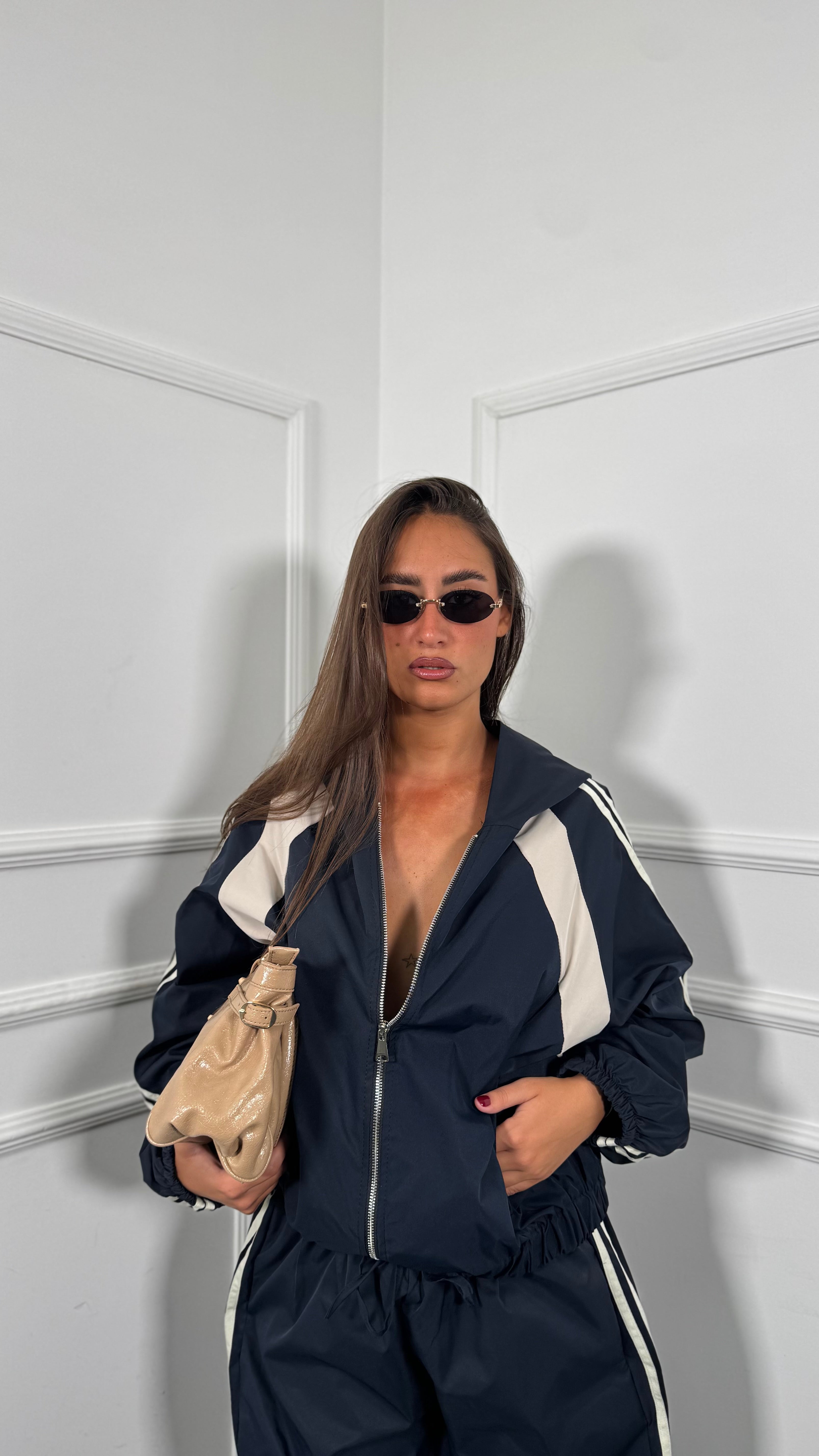 Coordinato tuta in neoprene con bande laterali CURVY blu kk19306