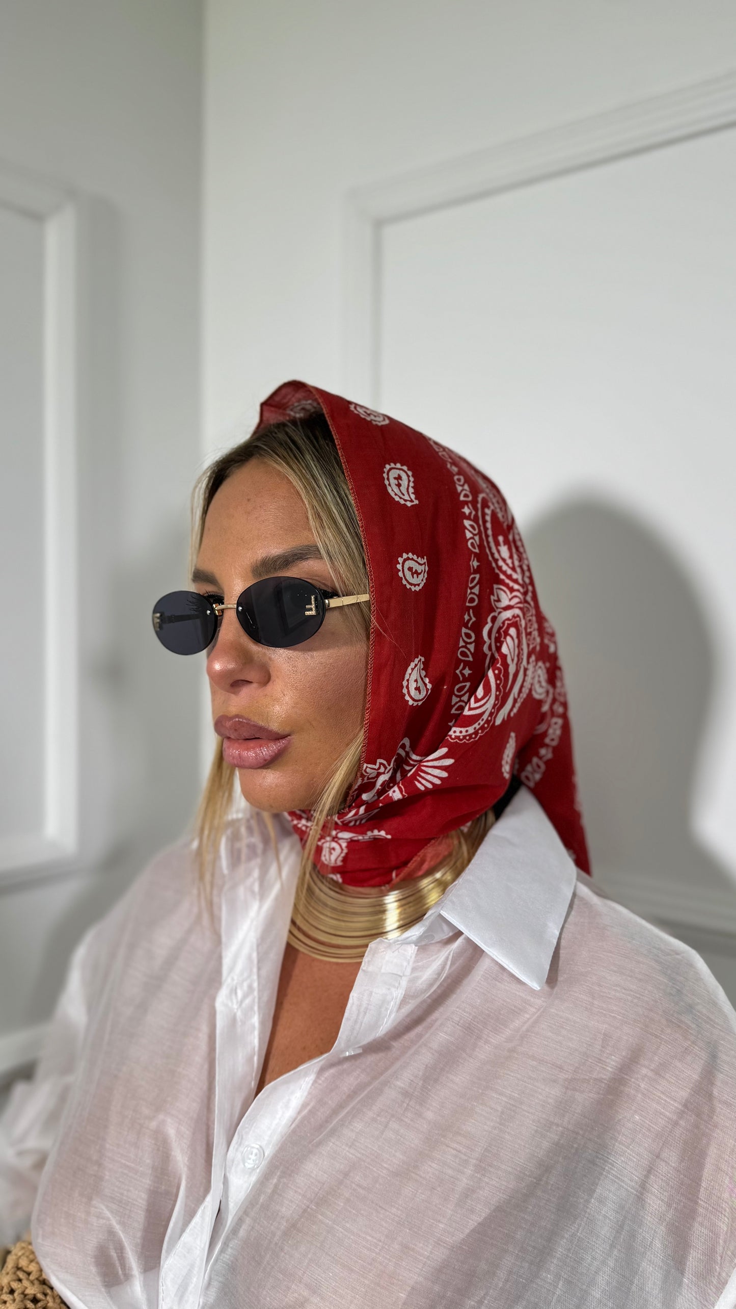 Pareo lungo + bandana in cotone fantasia bandana Ksamil rosso f1801
