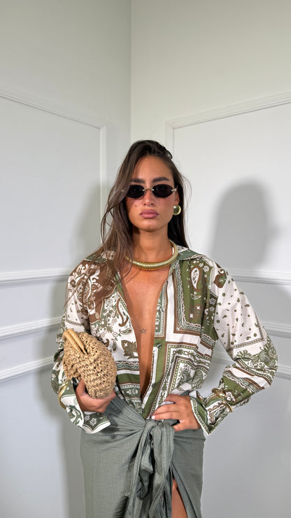 Camicia in cotone Etnic verde militare c81558