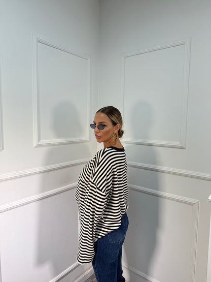 Shirt in cotone garzato manica campana Cindy bianco/nero f1109/226401