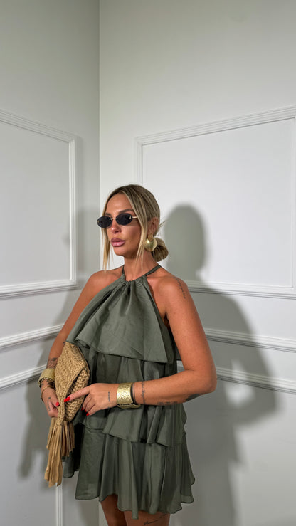 Abito corto con voilant in chiffon Holiday verde militare 66935