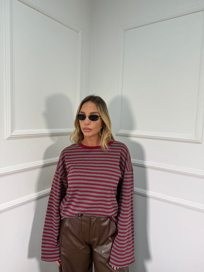 Shirt in cotone garzato manica campana Cindy grigio/bordeaux f1109