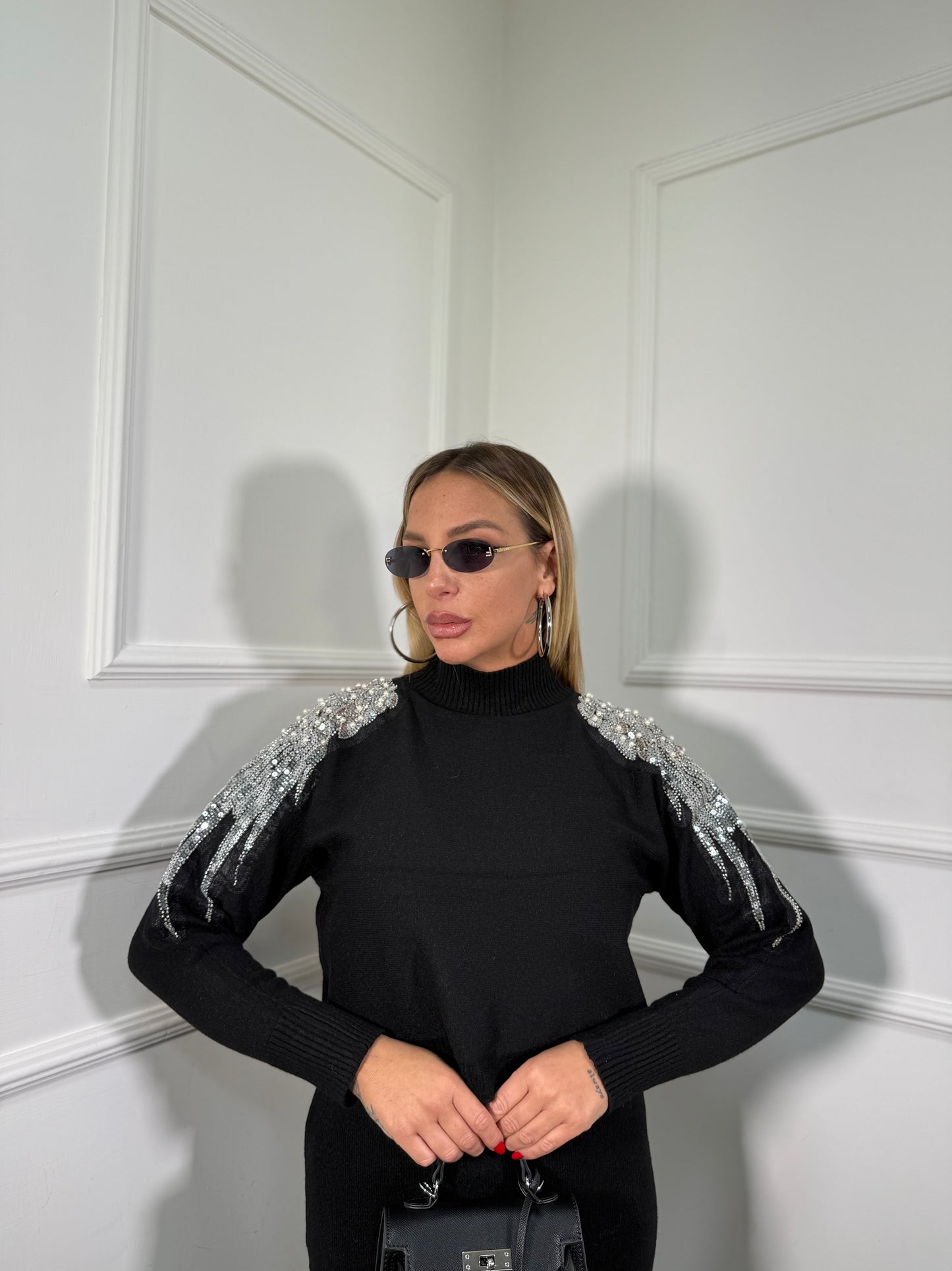 Coordinato midi in lana rasata con Swarovski nero g105