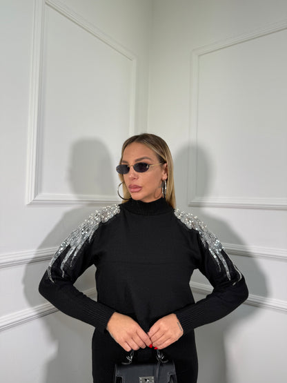 Coordinato midi in lana rasata con Swarovski nero g105