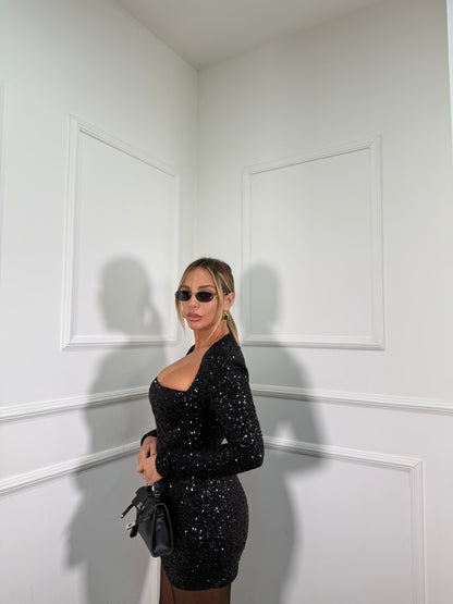 Abito scollo quadrato in micro paillettes Shayla nero 13442