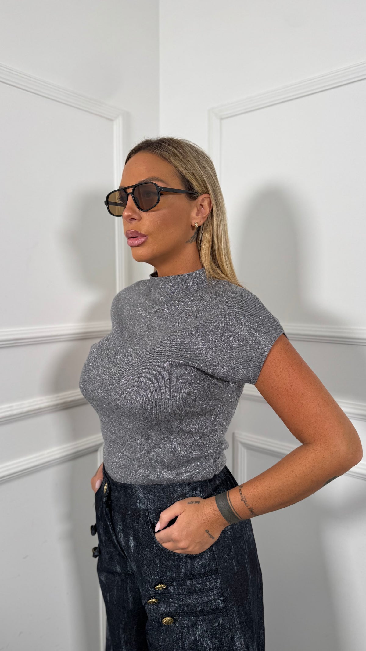 Maglioncino giromanica in lurex grigio g257