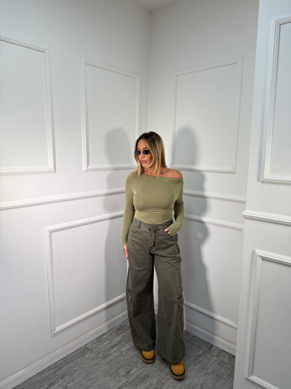 Jeans baggy con tasconi verde militare k905723