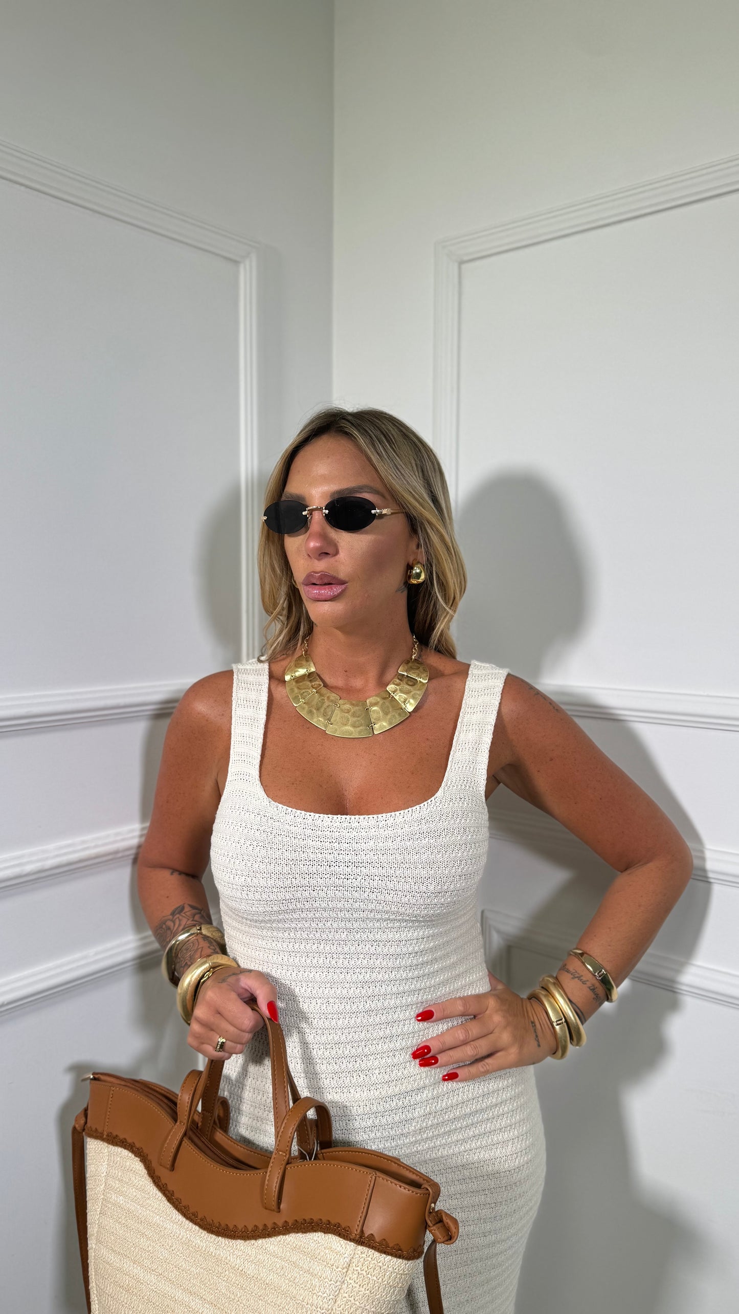 Abito midi in crochet scollo squadrato Dominique canapa