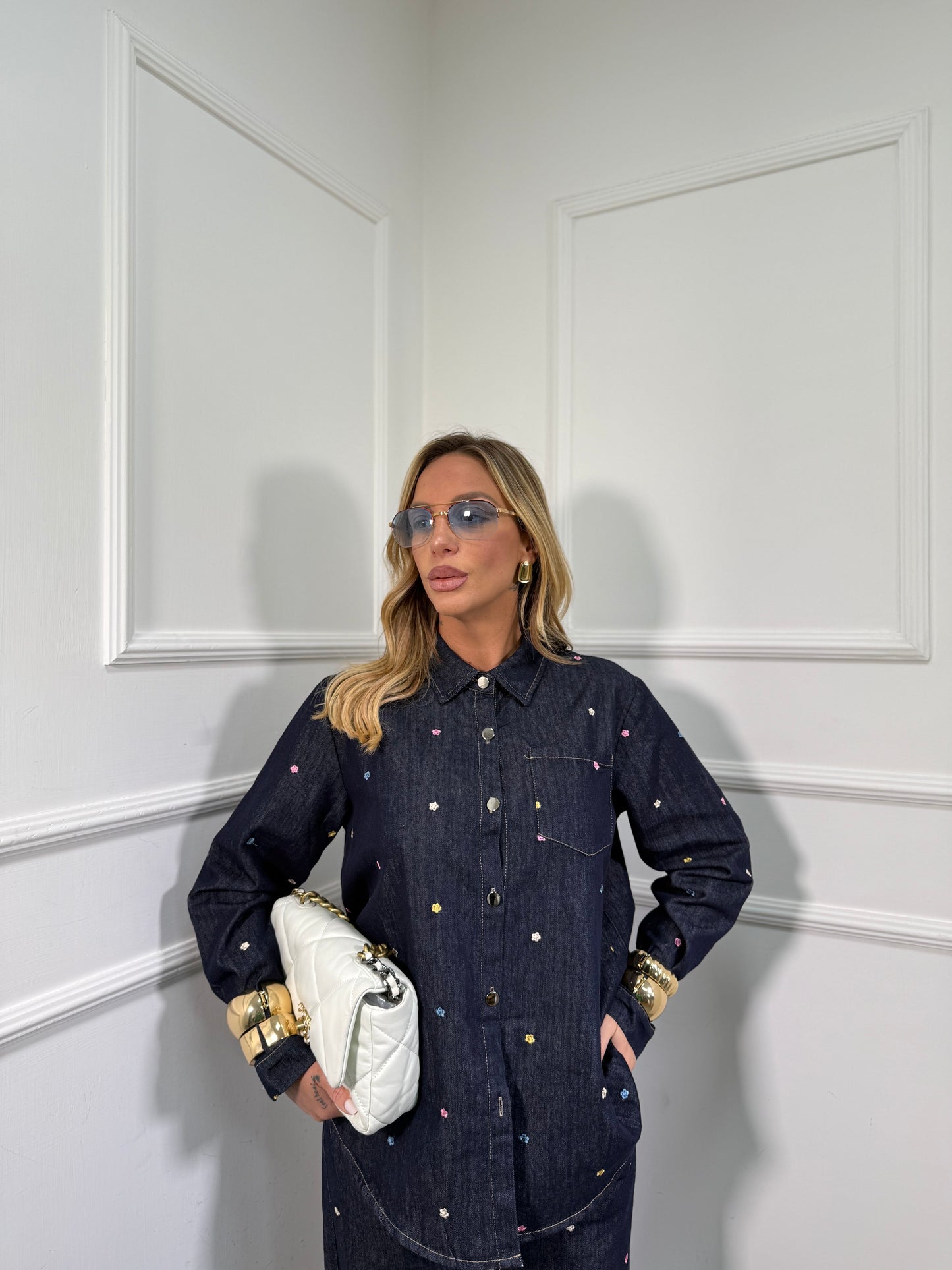 Coordinato in denim micro fiori Kyoto mf2686