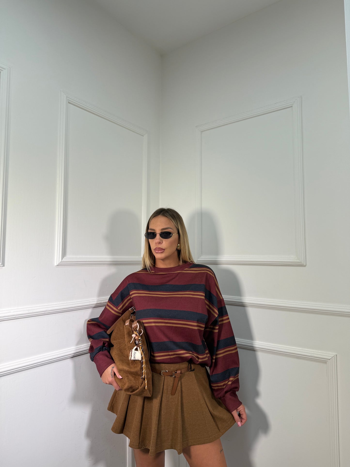 Gonna lana cotta a pieghe con cinturino Lily biscotto 6786