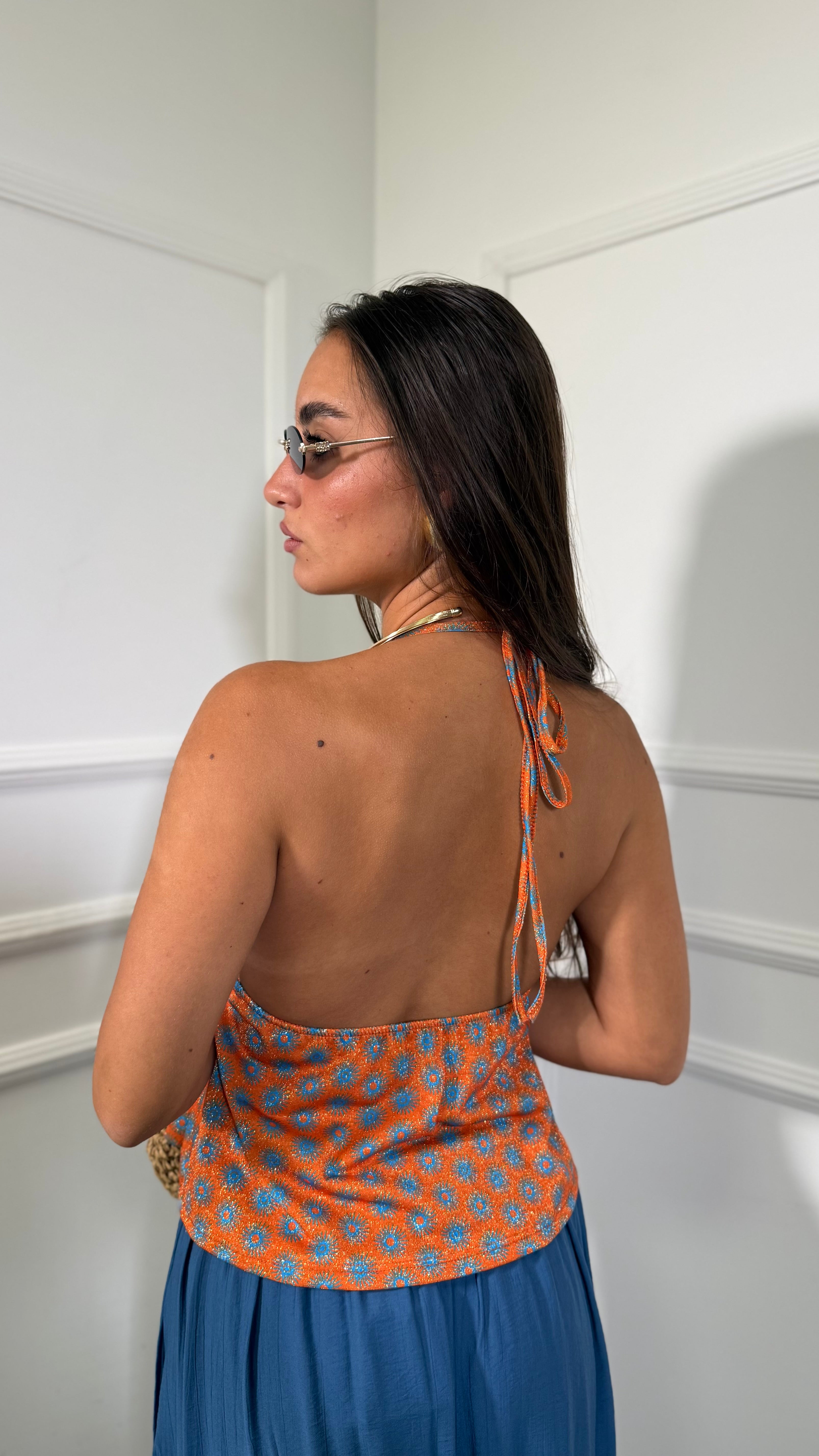 Top in lurex a fantasia Soleil arancione/azzurro