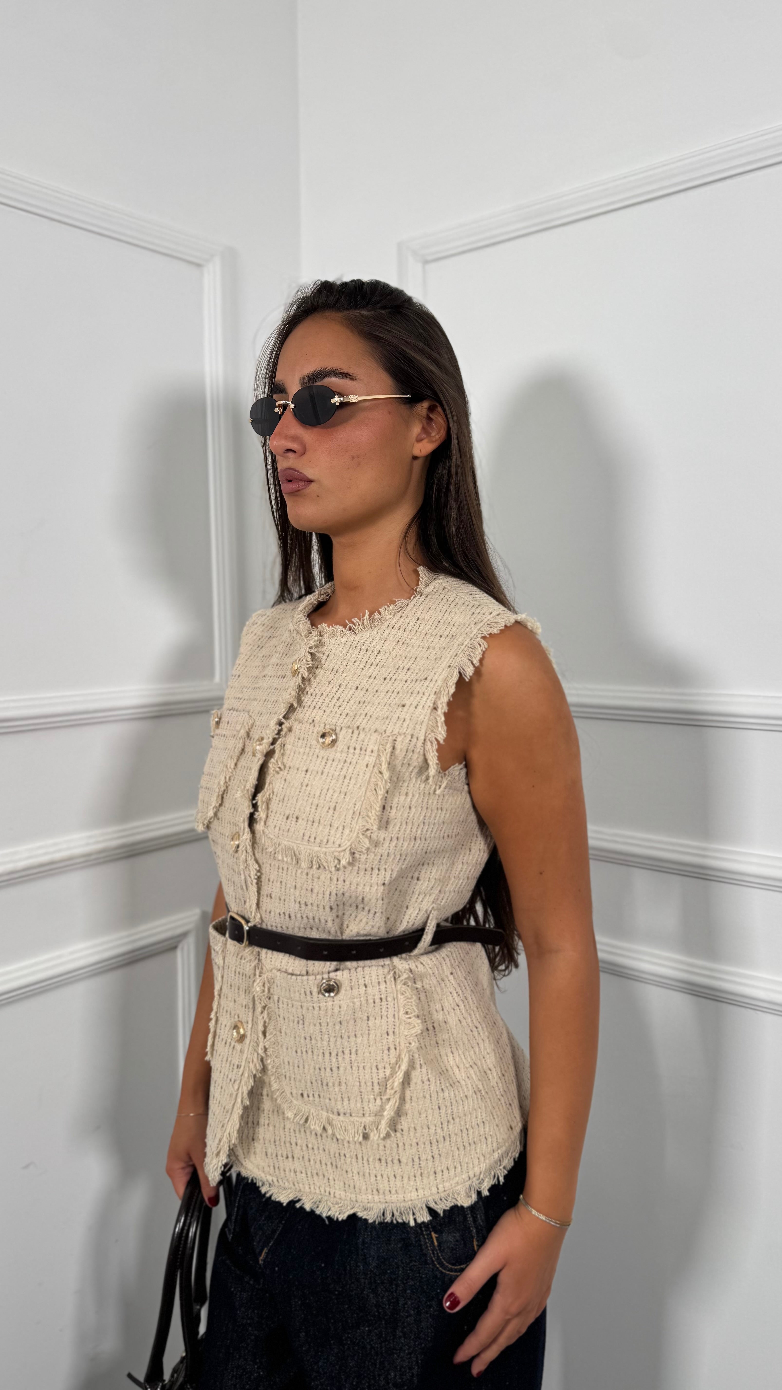 Gilet in tweed con cinturino Cocó beige hs80164