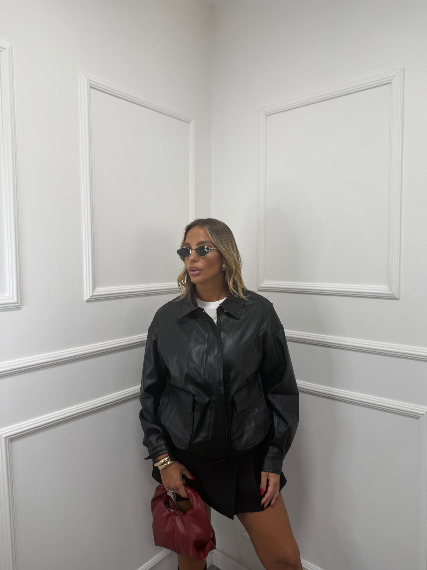 Bomber oversize ecopelle con tasconi Taylor nero 8679