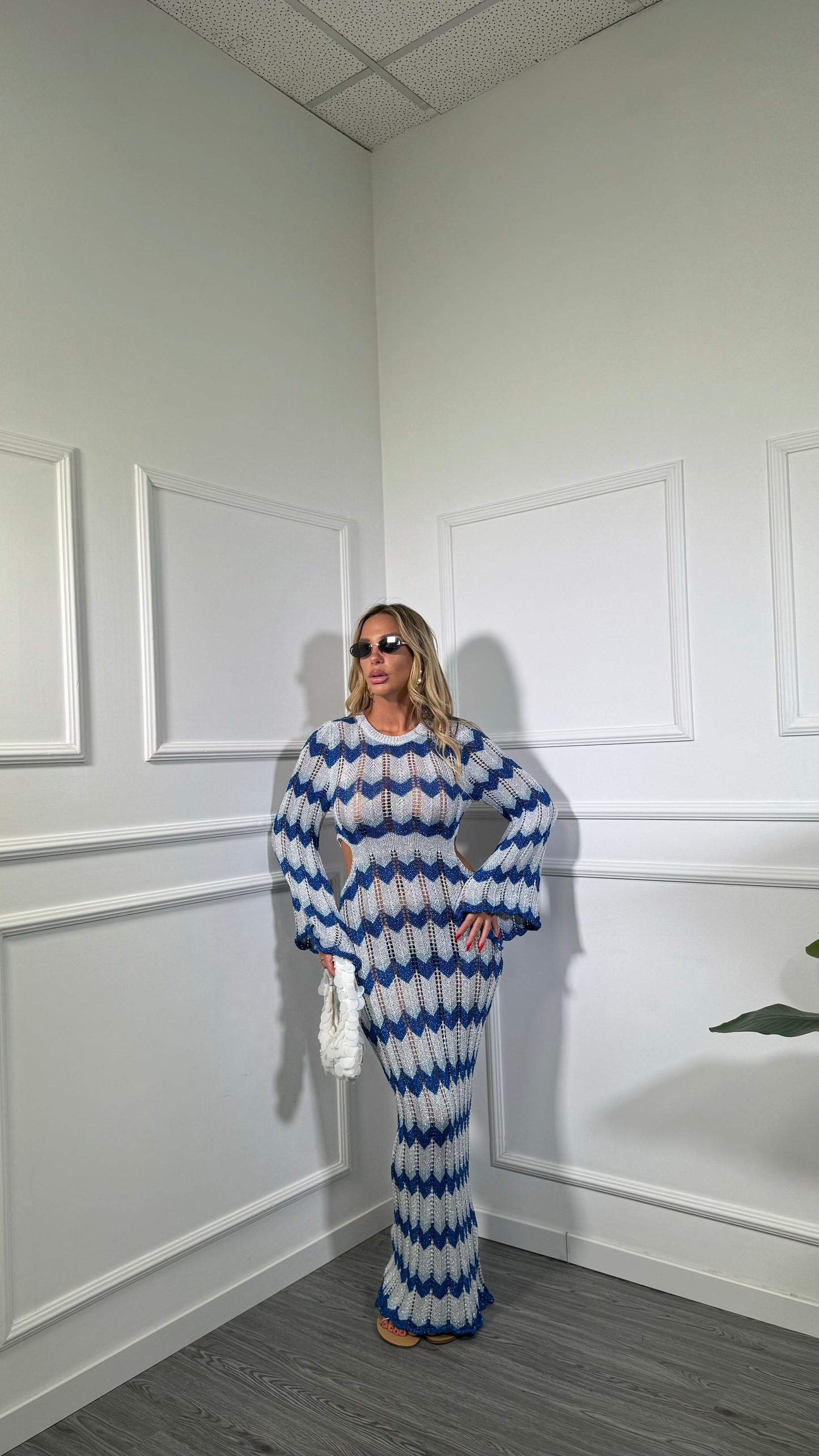 Abito lungo zig zag in lurex cut out azzurro/blu 8061