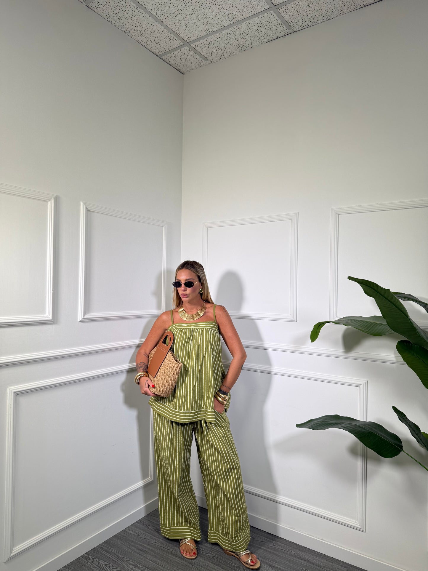 Coordinato in cotone a righe verde pistacchio curvy 268177