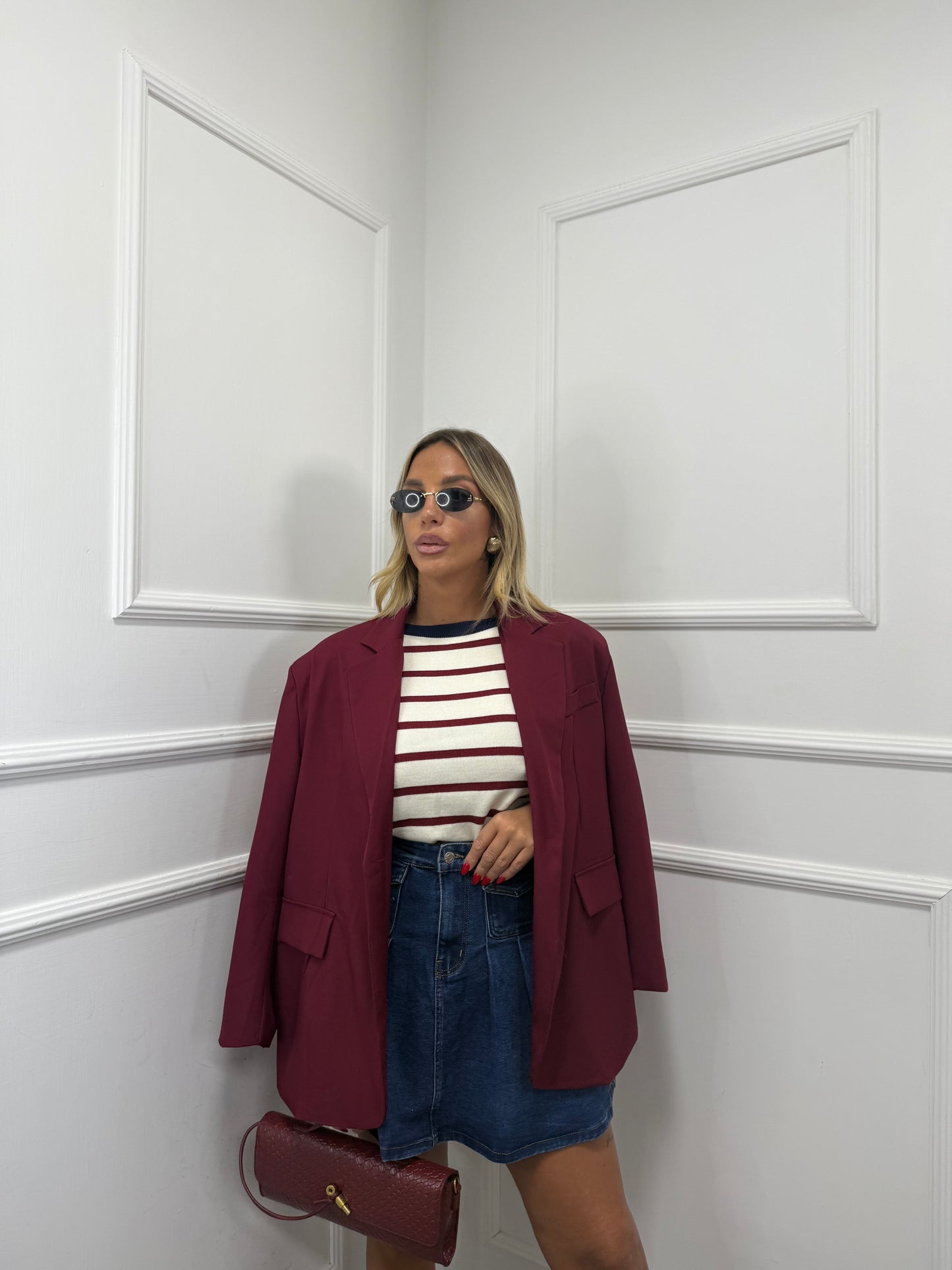 Blazer oversize con spacchetti laterali e spalline imbottite bordeaux 87267