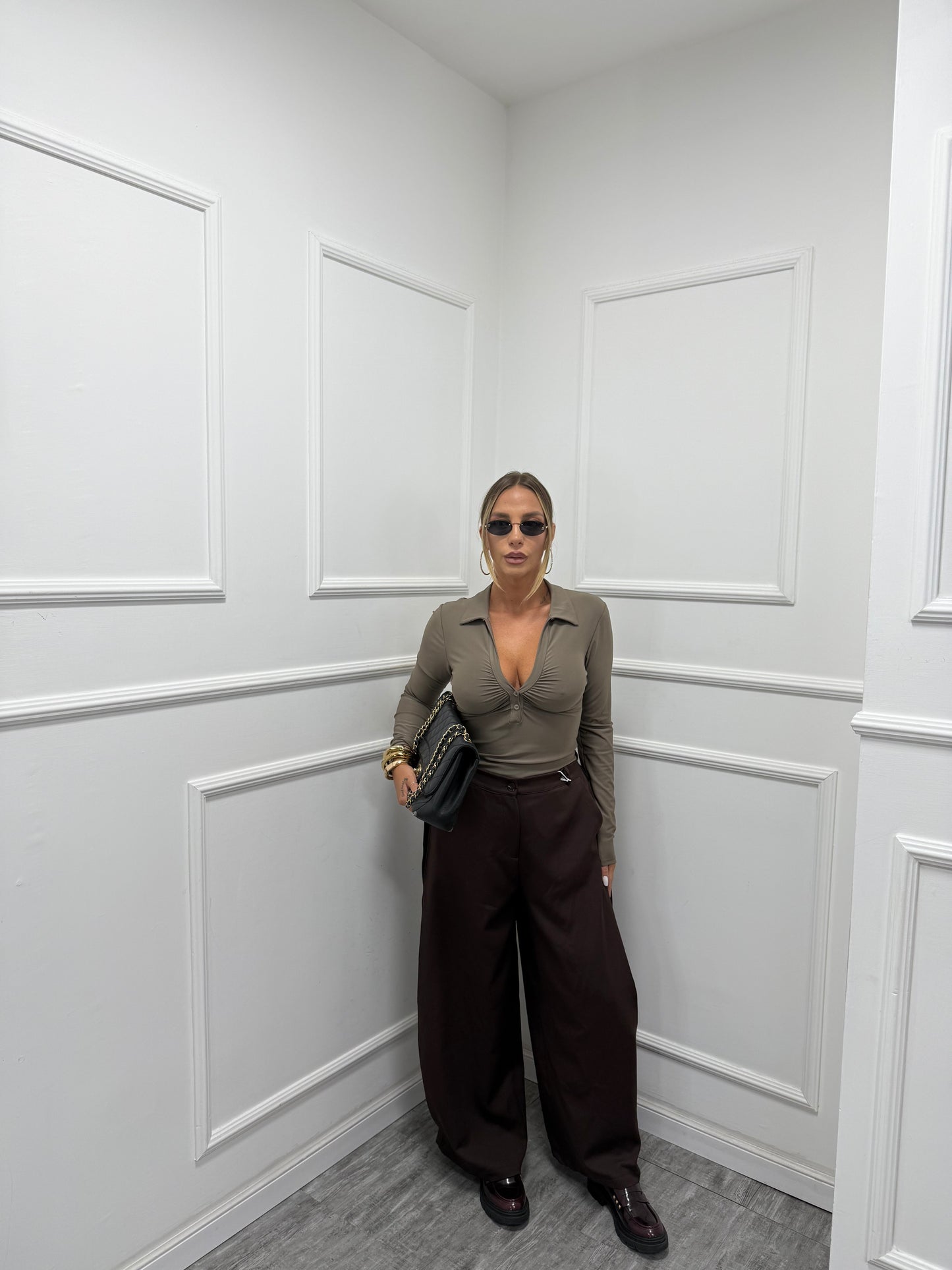 Pantaloni palazzo balloon con piegone laterale cioccolato m13356