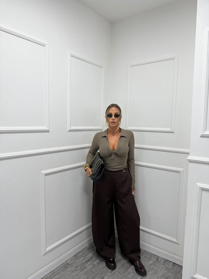 Pantaloni palazzo balloon con piegone laterale cioccolato m13356