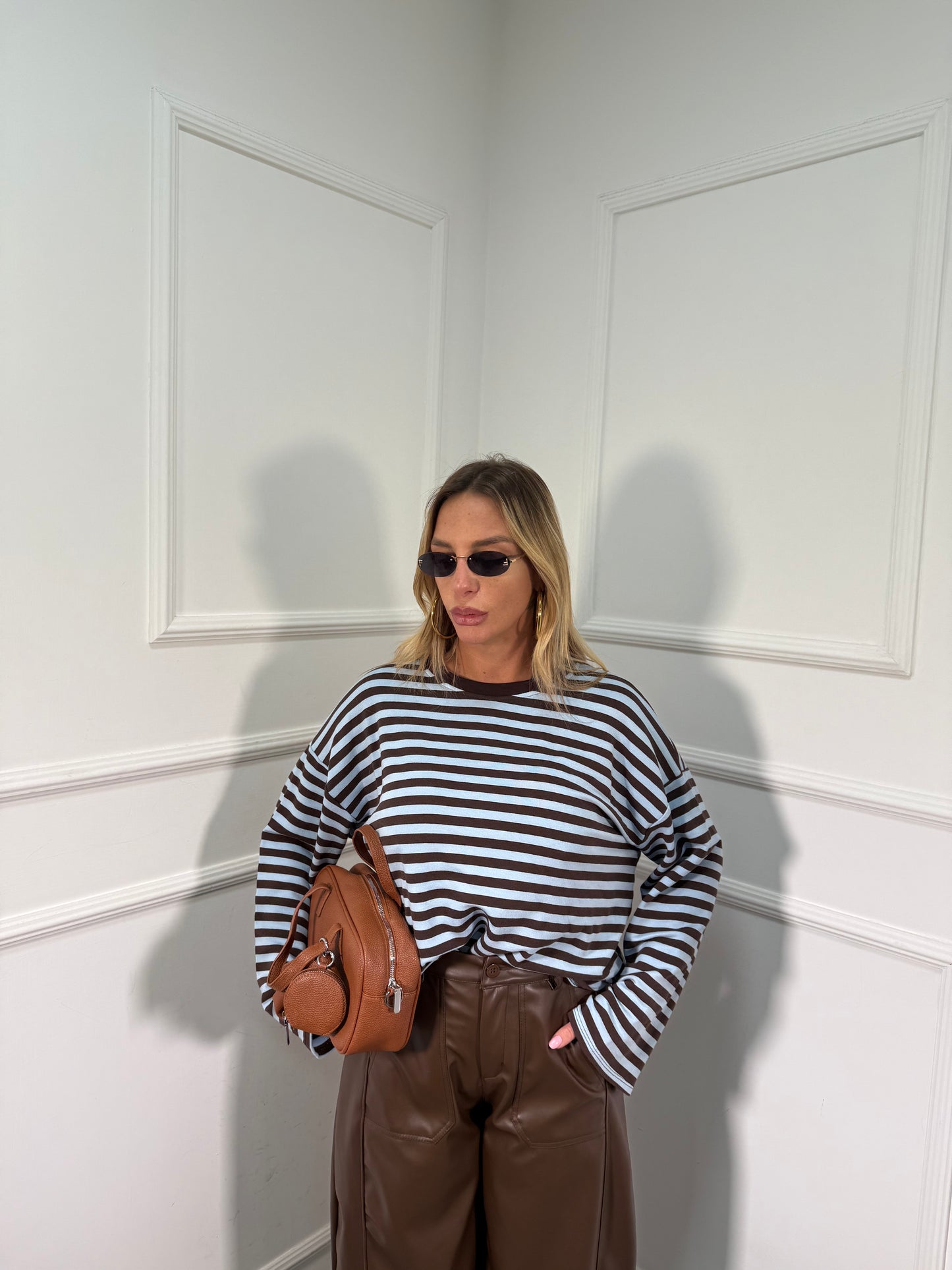 Shirt in cotone garzato manica campana Cindy polvere/cacao f1109