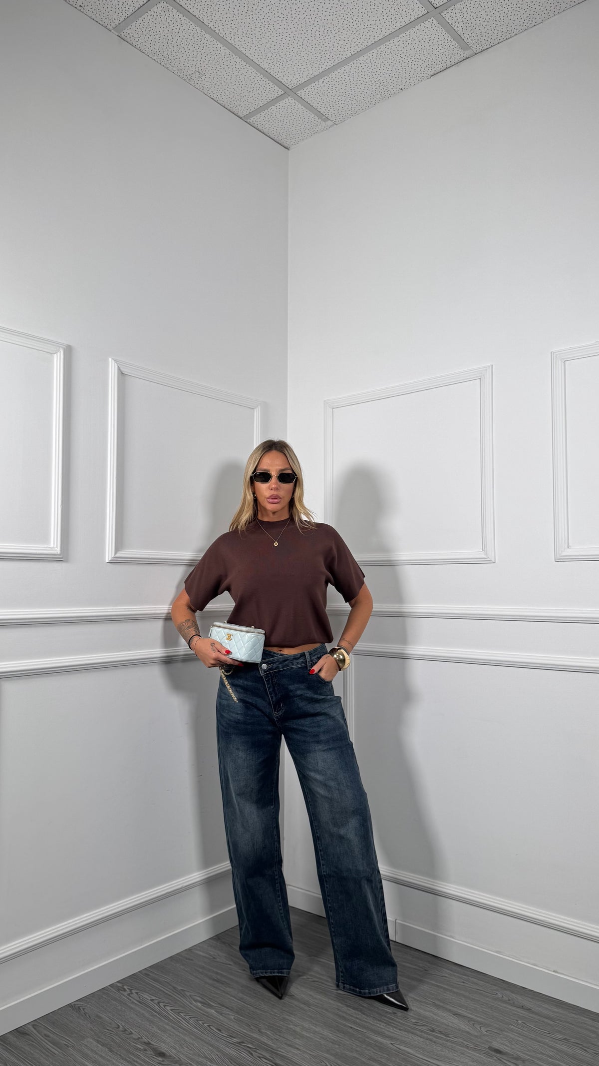 Jeans palazzo bustino asimmetrico lavaggio scuro fx-3096