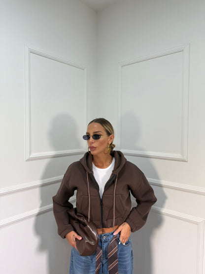 Felpa crop in pile con cappuccio Essential marrone 43763