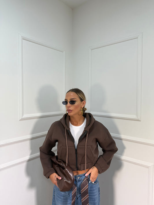Felpa crop in pile con cappuccio Essential marrone 43763