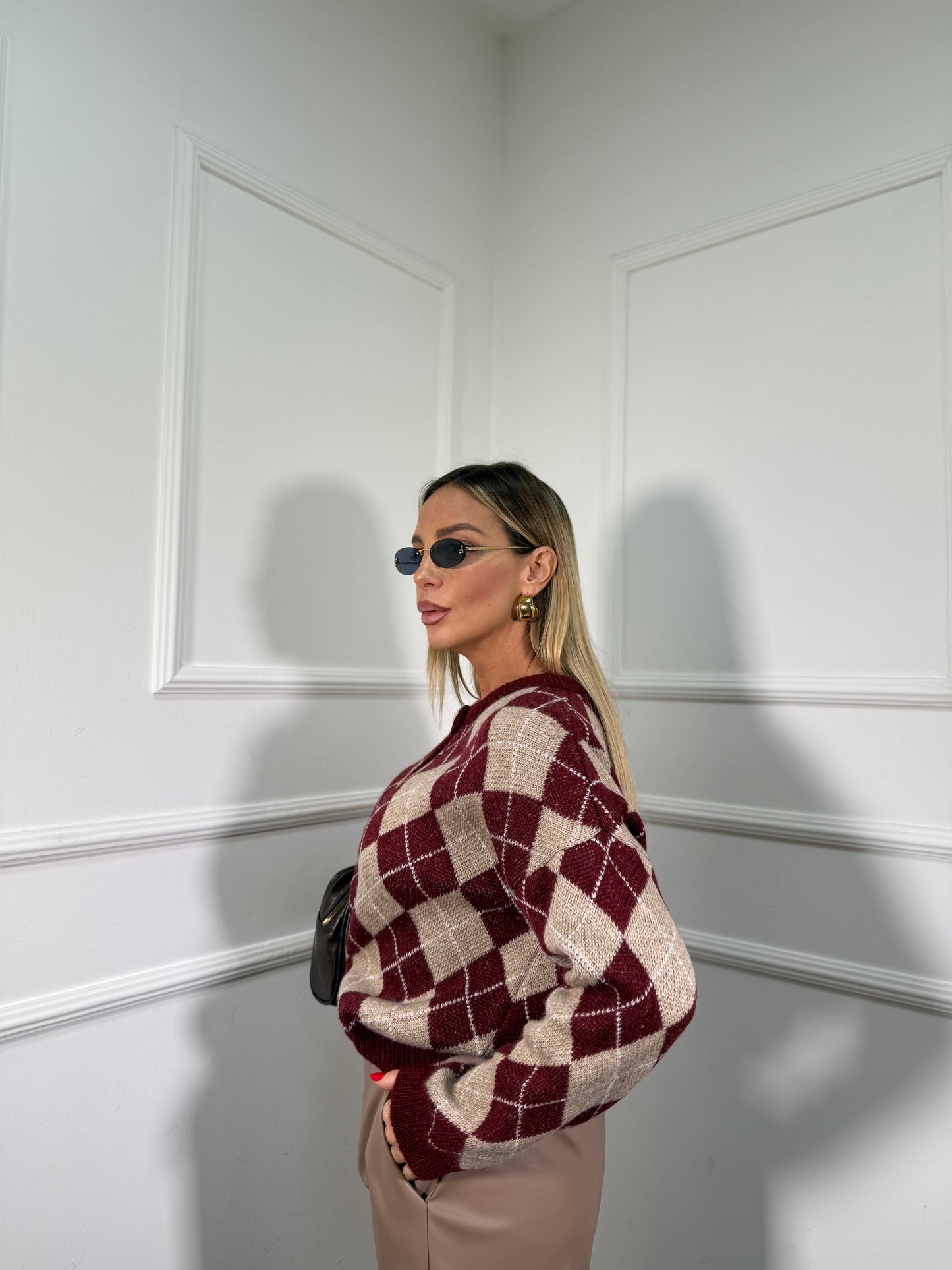 Cardigan lana cotta rombi Plaza bordeaux 258660