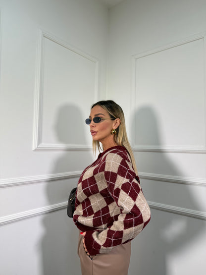 Cardigan lana cotta rombi Plaza bordeaux 258660