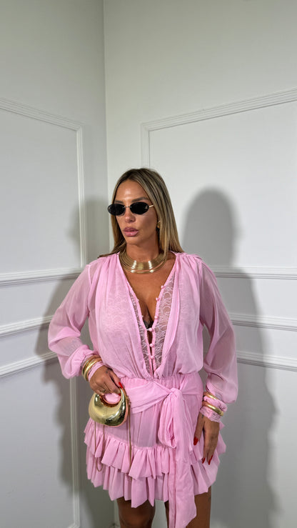 Abito corto con coulotte in chiffon e pizzo Estrella rosa