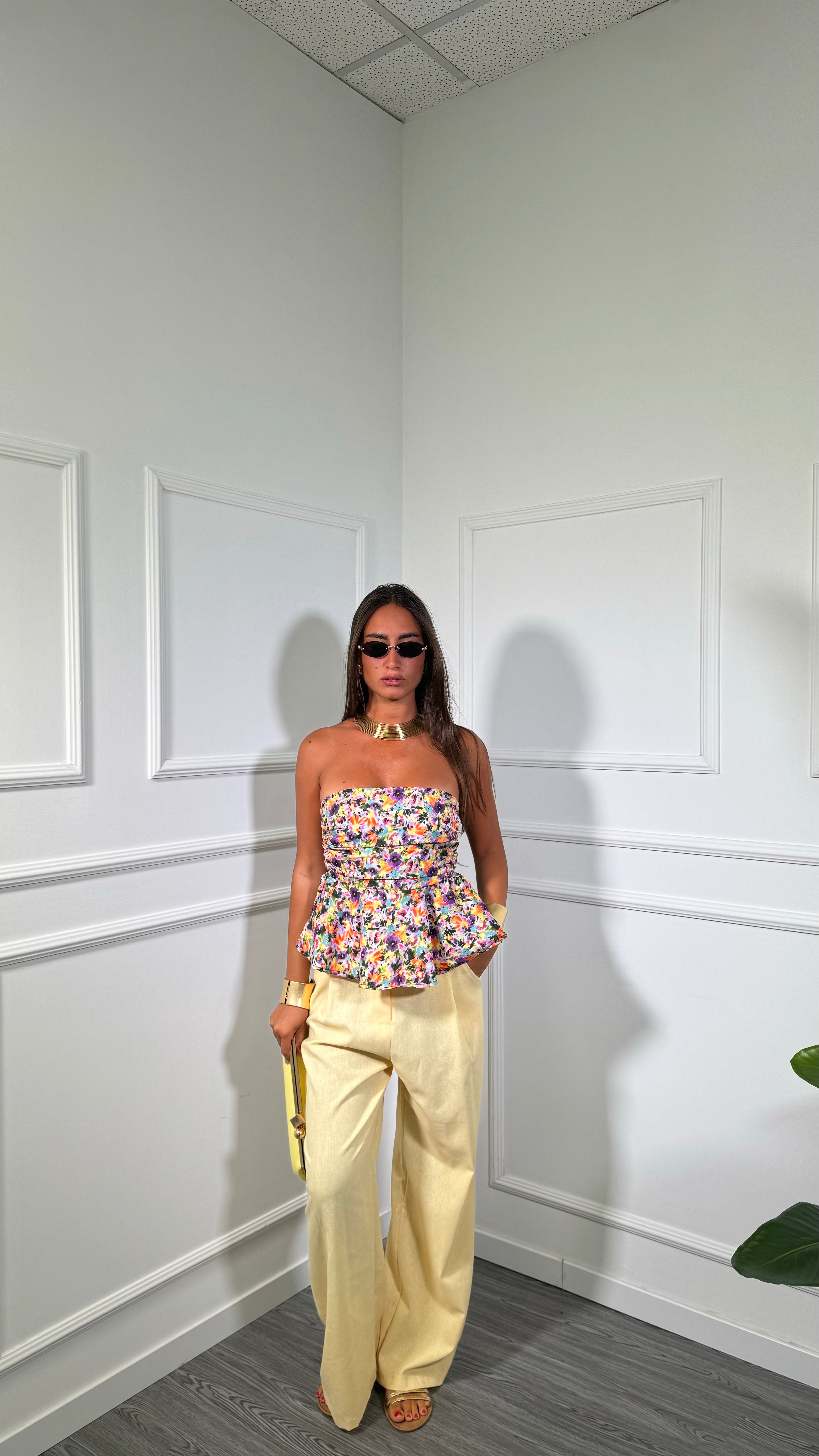 Pantaloni palazzo misto lino giallo paglino