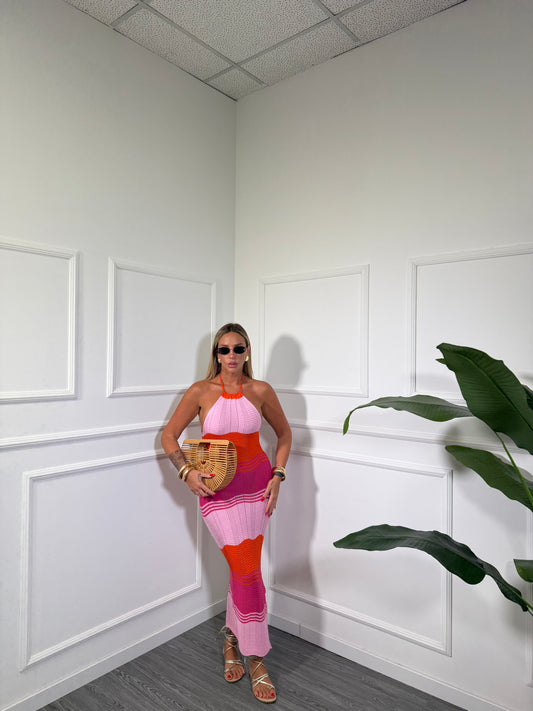 Abito midi in filo traforato Canforas fucsia/arancio 4001