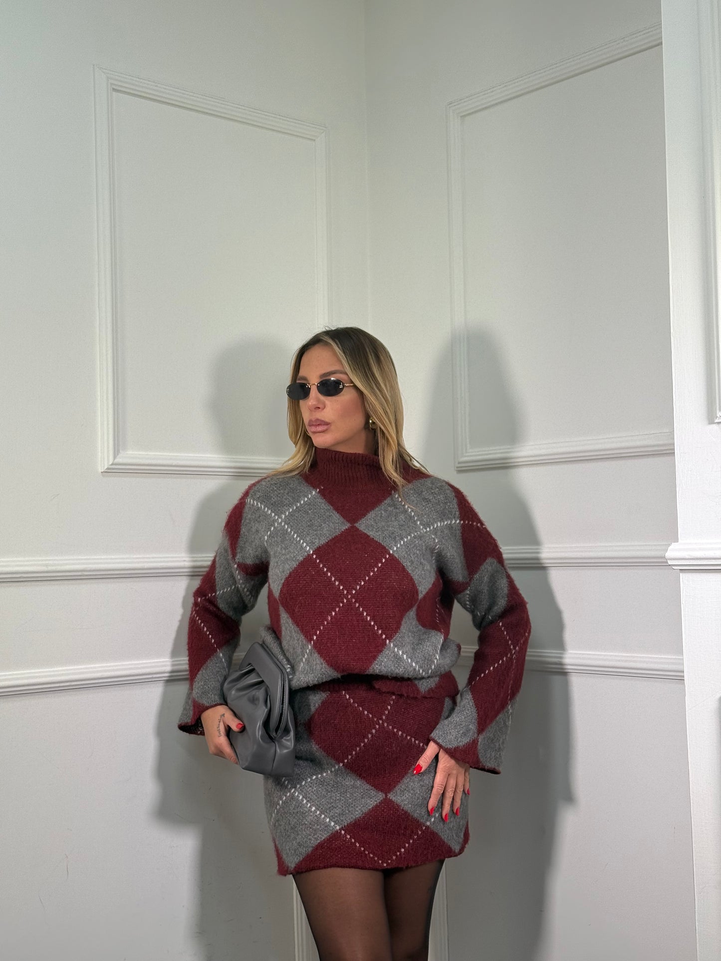 Coordinato rombi in lana cotta Joy bordeaux/grigio