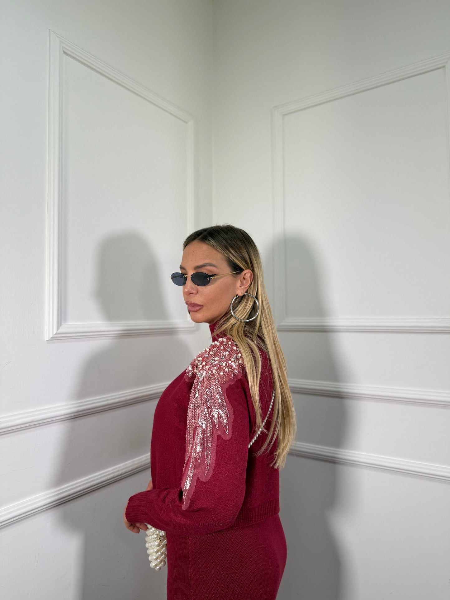 Coordinato midi in lana rasata con Swarovski bordeaux g105