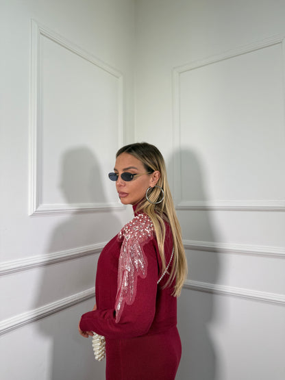 Coordinato midi in lana rasata con Swarovski bordeaux g105