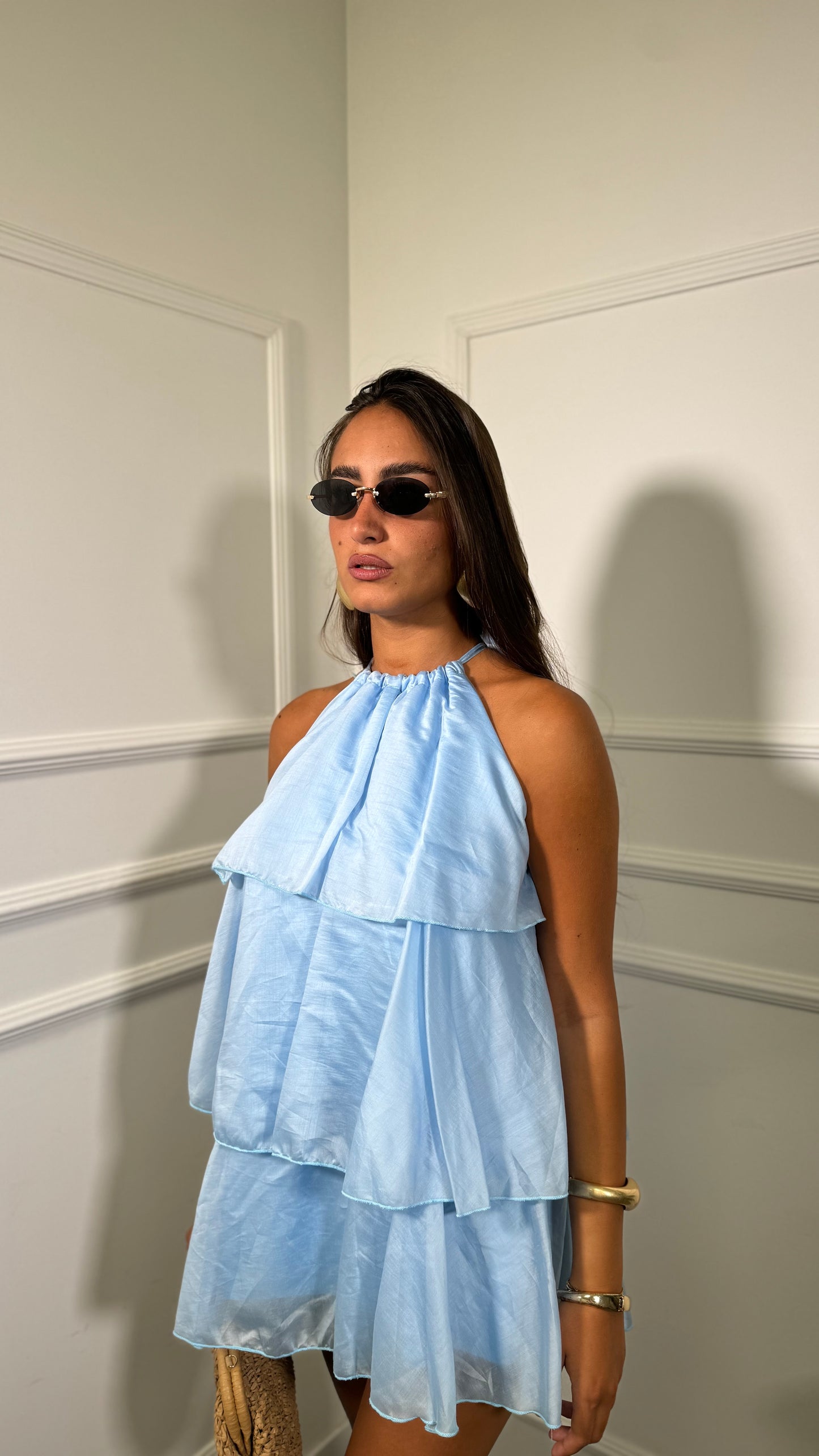 Abito corto con voilant in chiffon Holiday azzurro 66935