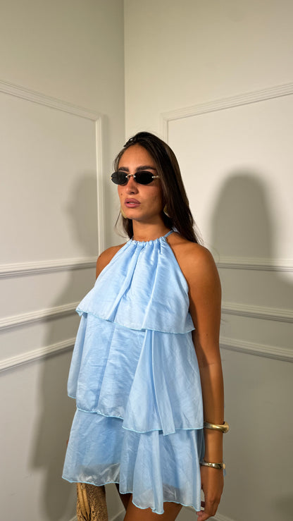 Abito corto con voilant in chiffon Holiday azzurro 66935