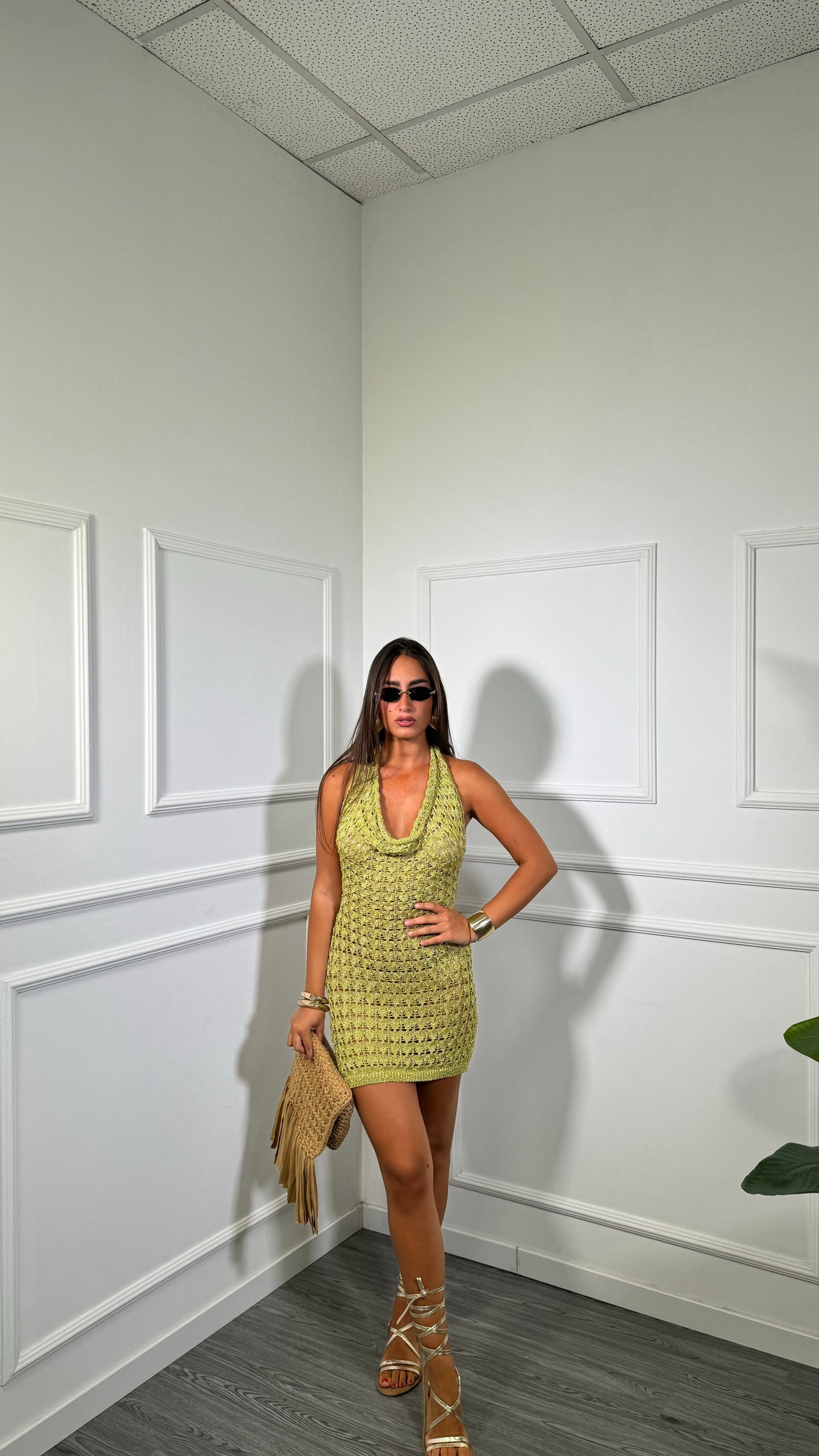 Abito corto in filo lurex scollo a bicchiere Guaraná verde avocado 3702