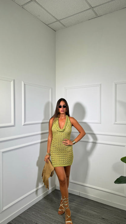 Abito corto in filo lurex scollo a bicchiere Guaraná verde avocado 3702