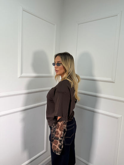 T-shirt con spalline e manicotti in tulle maculato cioccolato m30382