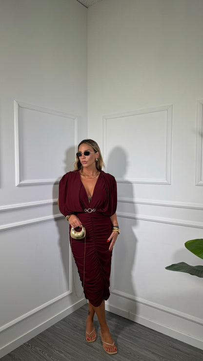 Abito midi drappeggiato (curvy) bordeaux