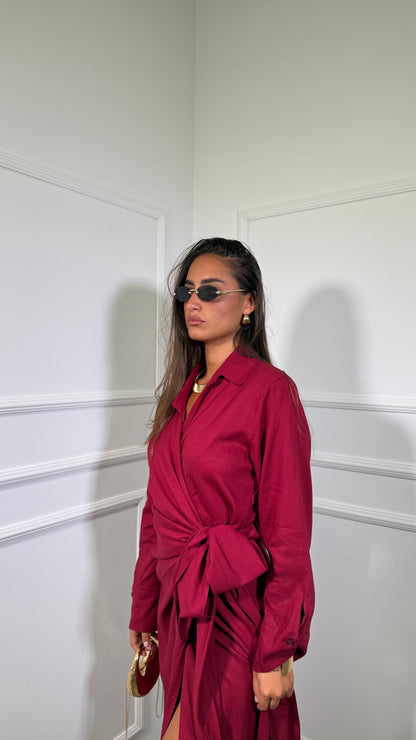 Abito midi portafoglio lino  (curvy) con spalline Brusco rosso rubino