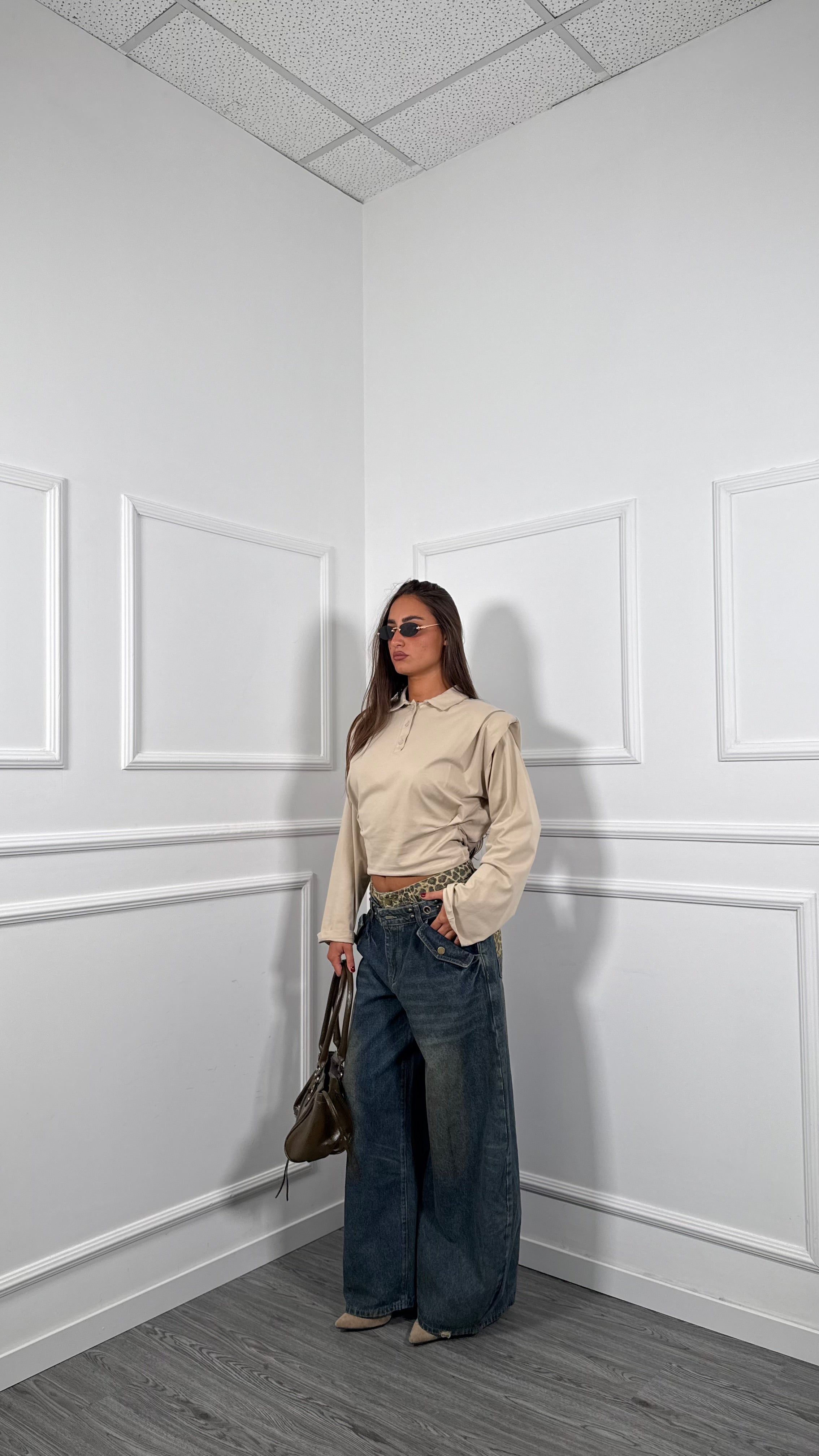 Jeans palazzo balloon con doppio bustino maculato 91122