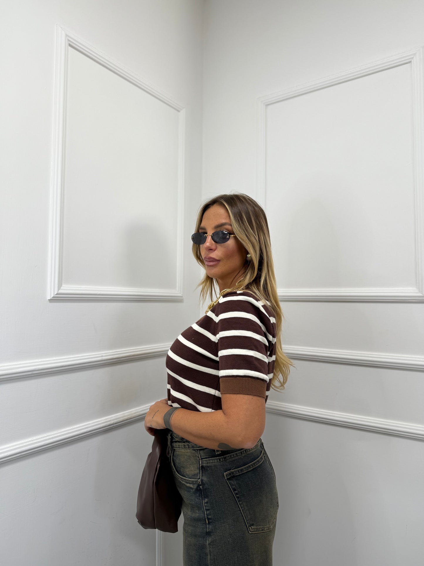 Maglioncino lana rasata a righe Paris marrone/panna 3305