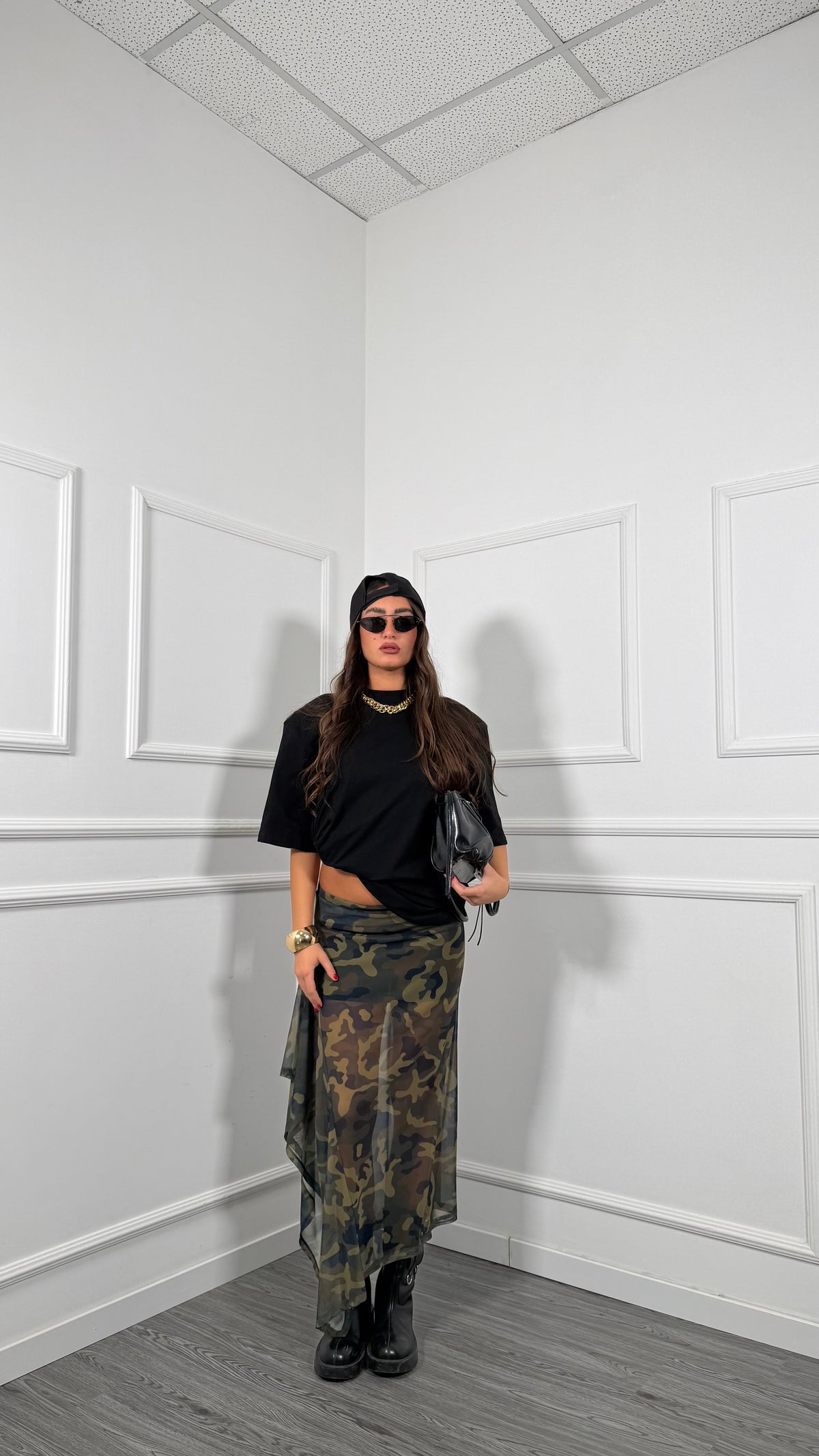 Gonna asimmetrica in chiffon militare by lumina ld6264