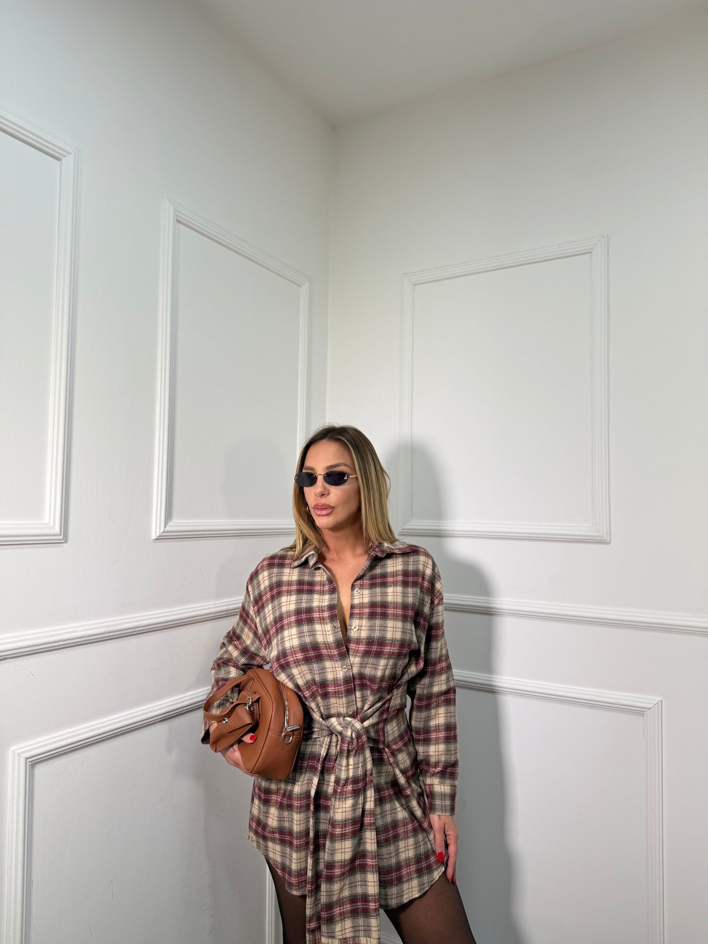 Chemisier in flanella a quadri bordeaux/camel 25769