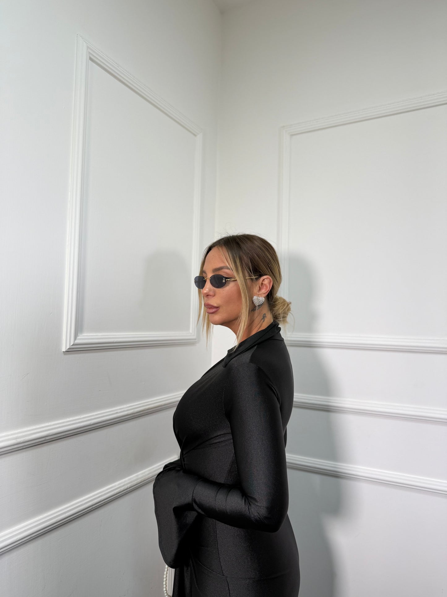 Abito lungo collo camicia in lycra Ivy nero